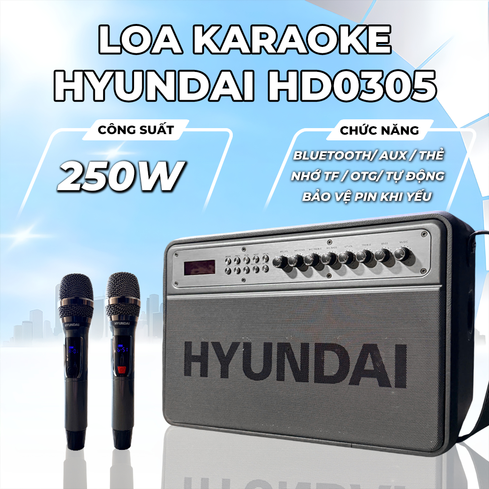 Loa HYUNDAI Loa Karaoke Xách Tay HD0305, Công Suất Lớn 250W Đèn Led RGB Kèm 2 Micro AUX TP Card USB