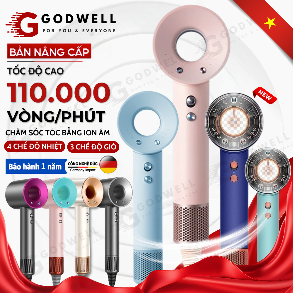 Máy Sấy Tóc Ion Âm GODWELL Không Cánh 2 Chiều Nóng Lạnh, 3 Chế Độ Sấy Mạnh Công Suất Lớn Kèm Đầu Sấy