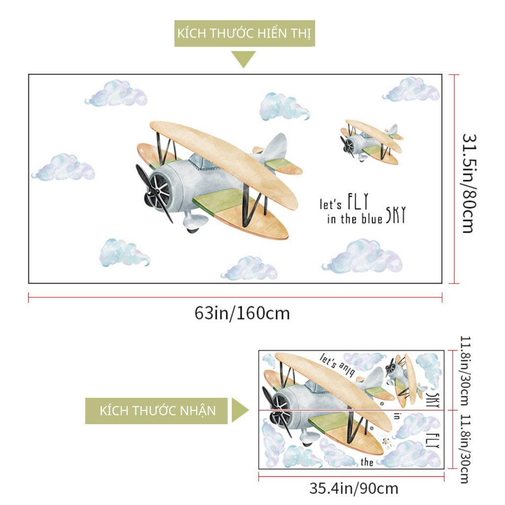 Decal Dán Tường Máy Bay Và Bầu Trời Dễ Thương Có Keo Sẵn 160x80cm - Trang Trí Phòng Ngủ Cho Bé