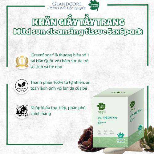 Khăn ướt tẩy trang GreenFinger Hàn Quốc dịu nhẹ, làm sạch lớp trang điểm nhanh chóng, tẩy trang