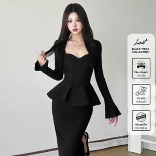 Set đầm body nữ cao cấp cổ rộng LUST Set váy tay dài form ôm nhún eo phối bèo xòe sang trọng TX32