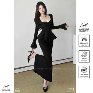 Set đầm body nữ cao cấp cổ rộng LUST Set váy tay dài form ôm nhún eo phối bèo xòe sang trọng TX32