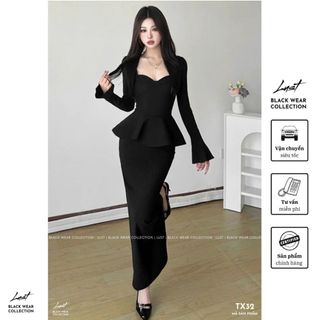 Set đầm body nữ cao cấp cổ rộng LUST Set váy tay dài form ôm nhún eo phối bèo xòe sang trọng TX32