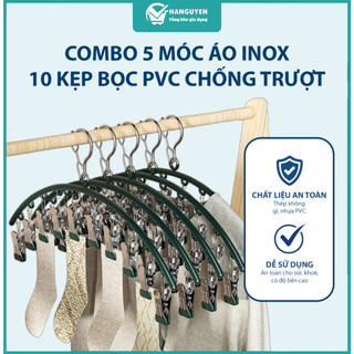 Combo 5 móc treo inox 10 kẹp treo phơi đồ linh hoạt dùng cho ban công phòng tắm bền chắc dễ dùng