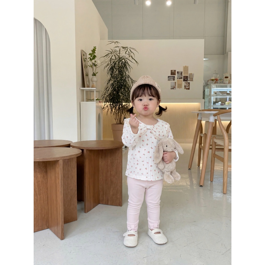Set bộ dài tay bé gái Miniumbaby cổ nơ bánh bèo mix quần legging điệu đà, chất vải cotton mềm SB2558