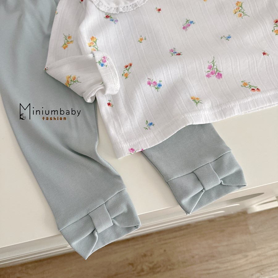 Set bộ dài tay bé gái Miniumbaby cổ nơ bánh bèo mix quần legging điệu đà, chất vải cotton mềm SB2558