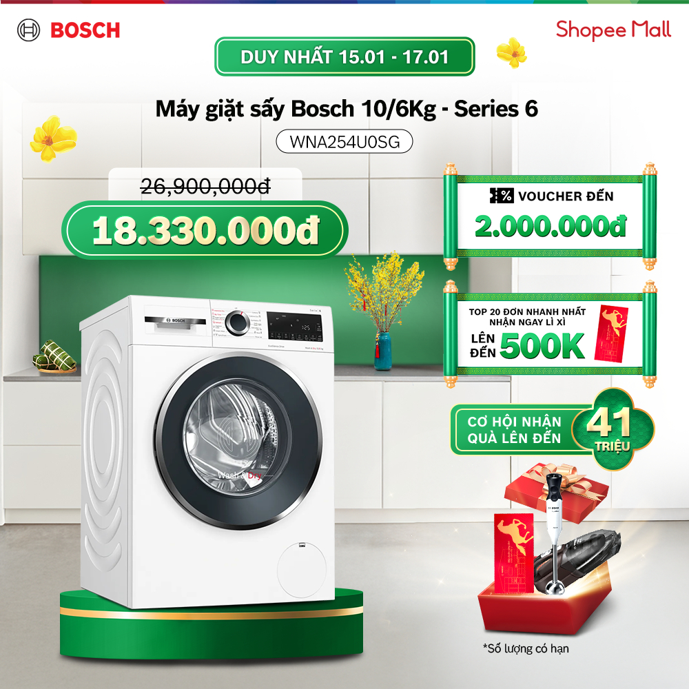 [15-17.01] Voucher Shopee đến 3TR| Máy giặt sấy Bosch 10/6Kg WNA254U0SG - Series 6 - Hàng chính hãng