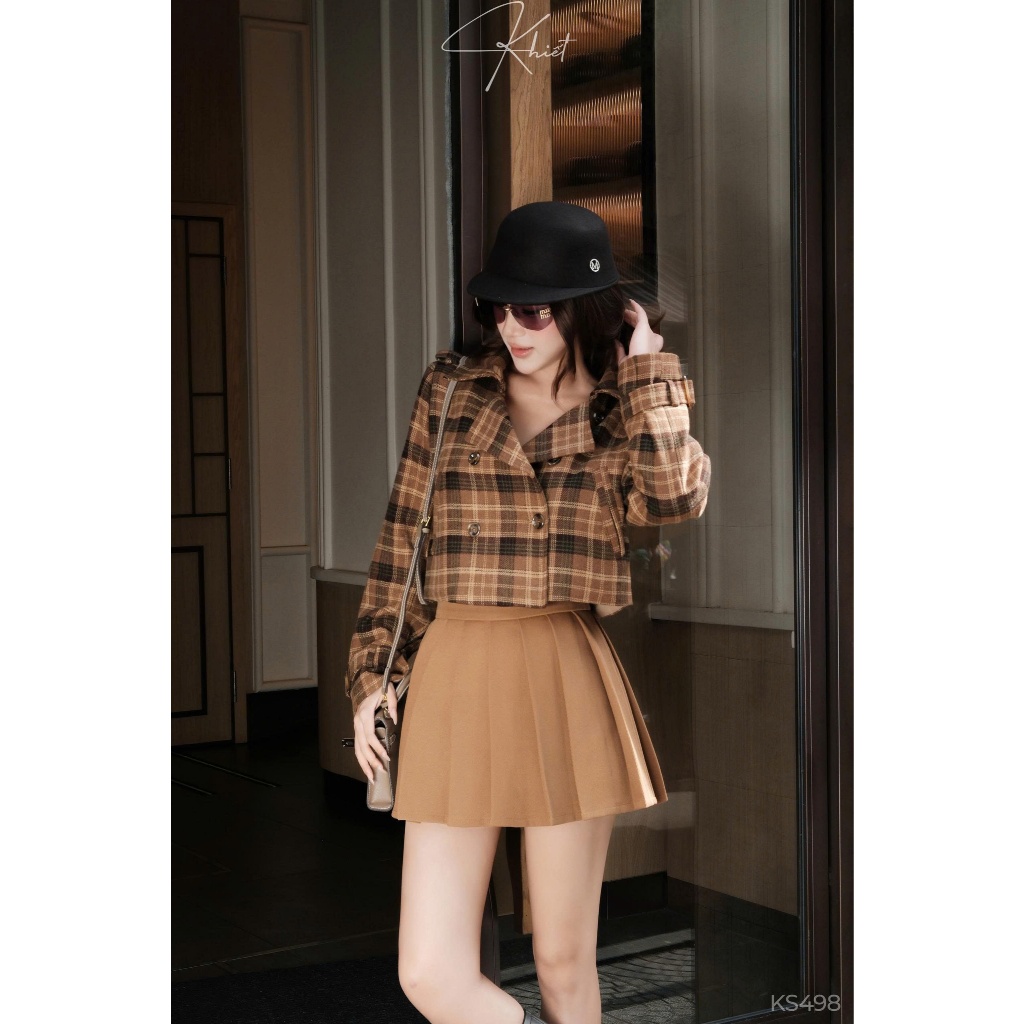 Set áo jacket croptop họa tiết caro vintage & chân váy xếp ly nâu trẻ trung, phong cách daily KS498