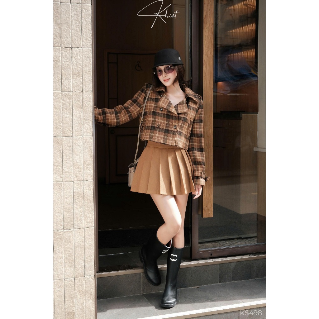 Set áo jacket croptop họa tiết caro vintage & chân váy xếp ly nâu trẻ trung, phong cách daily KS498