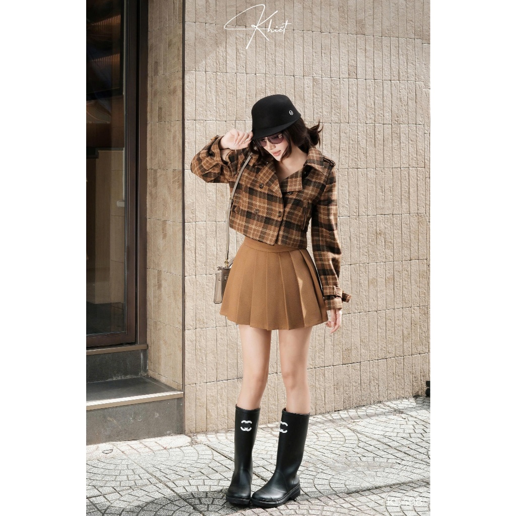 Set áo jacket croptop họa tiết caro vintage & chân váy xếp ly nâu trẻ trung, phong cách daily KS498