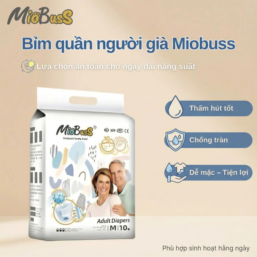 [20 miếng] MioBusS  Bỉm quần người già – Êm mềm, dễ mặc, thấm hút nhanh, chống tràn hiệu quả