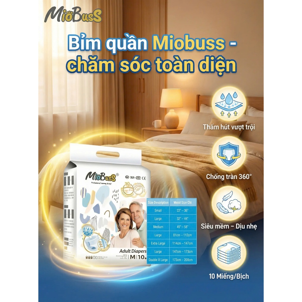[20 miếng] MioBusS  Bỉm quần người già – Êm mềm, dễ mặc, thấm hút nhanh, chống tràn hiệu quả