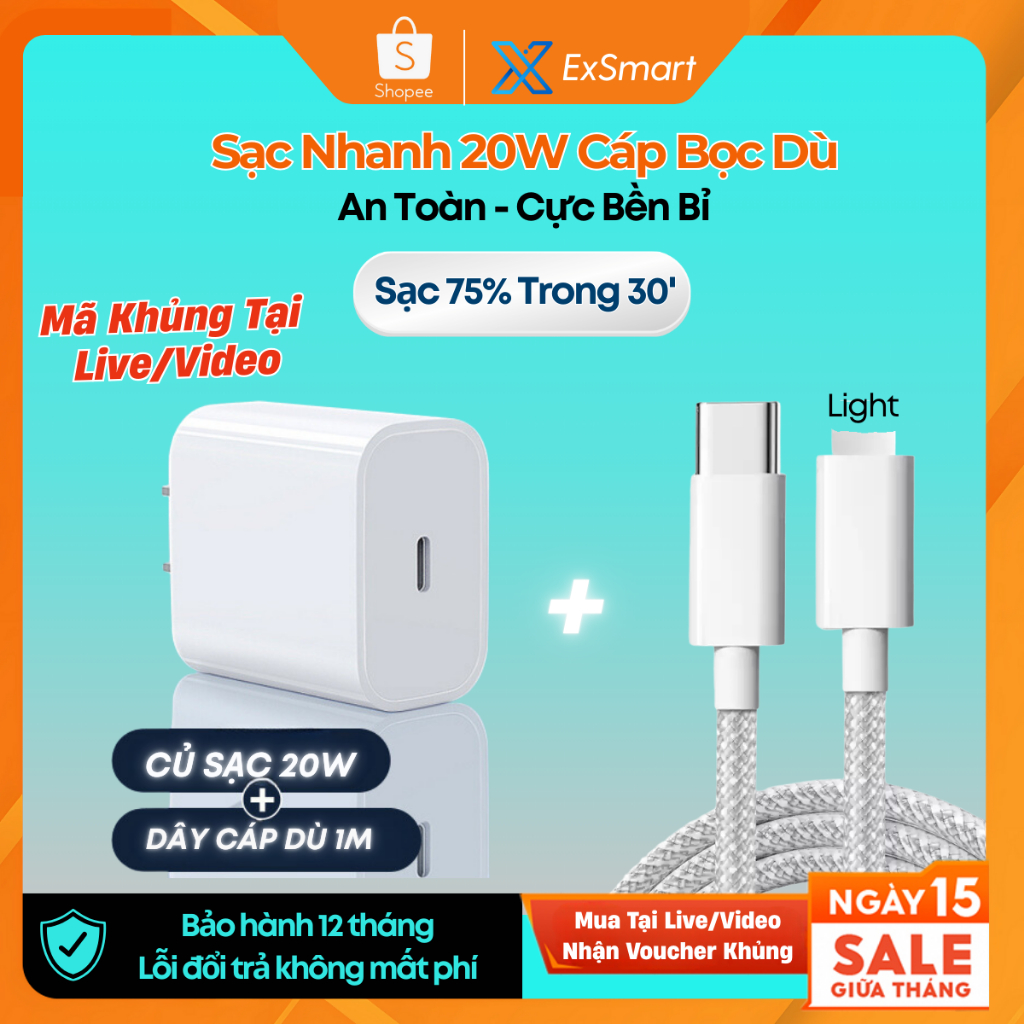 Bộ Củ Cáp Sạc Nhanh 20W Exsmart Củ Sạc PD20W Dây Cáp 27W sạc dù chống gãy gập An Toàn Ổn Định Bảo Vệ Thiết Bị