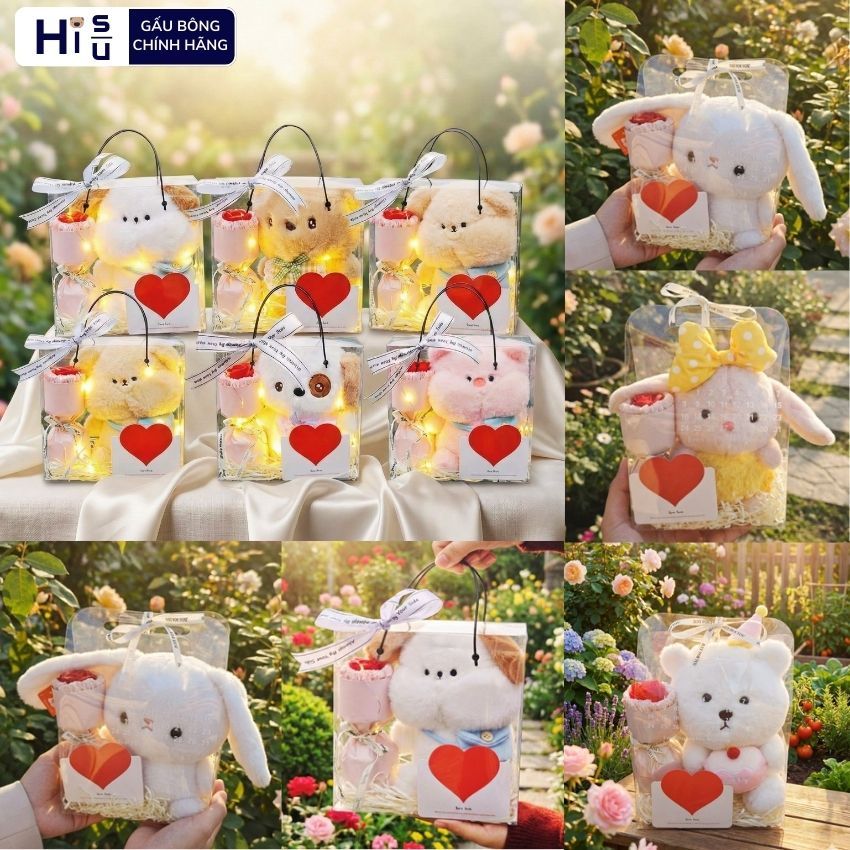 Hộp Set Quà Tặng Sinh Nhật Gấu Bông Hình Con Vật Kèm Bó Hoa,Đèn Led,Thiệp Quà Tặng Cho Bé,Bạn Gái/Trai