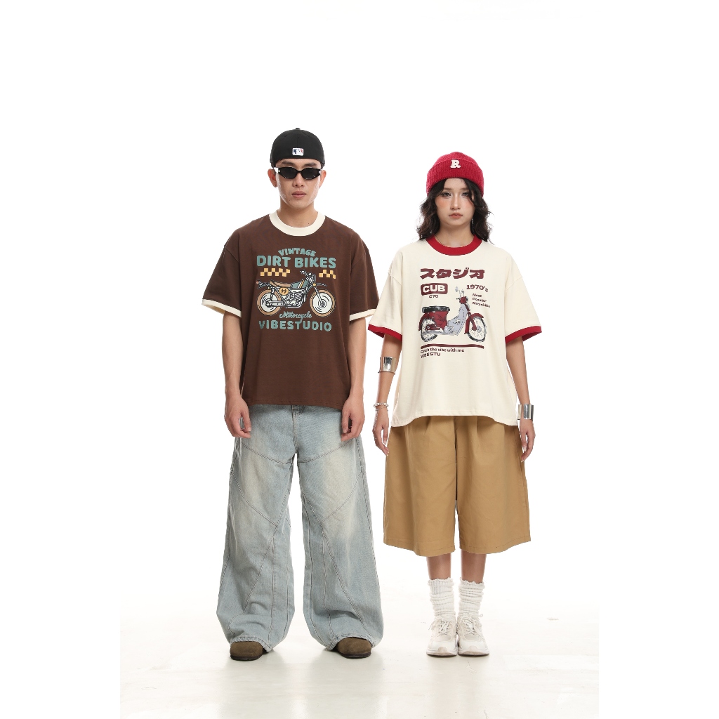 Áo Thun Phối Tay Local Brand VIBESTU " Motobike ", Áo Thun Boxy Form Rộng Unisex 250Gsm 100% Cotton