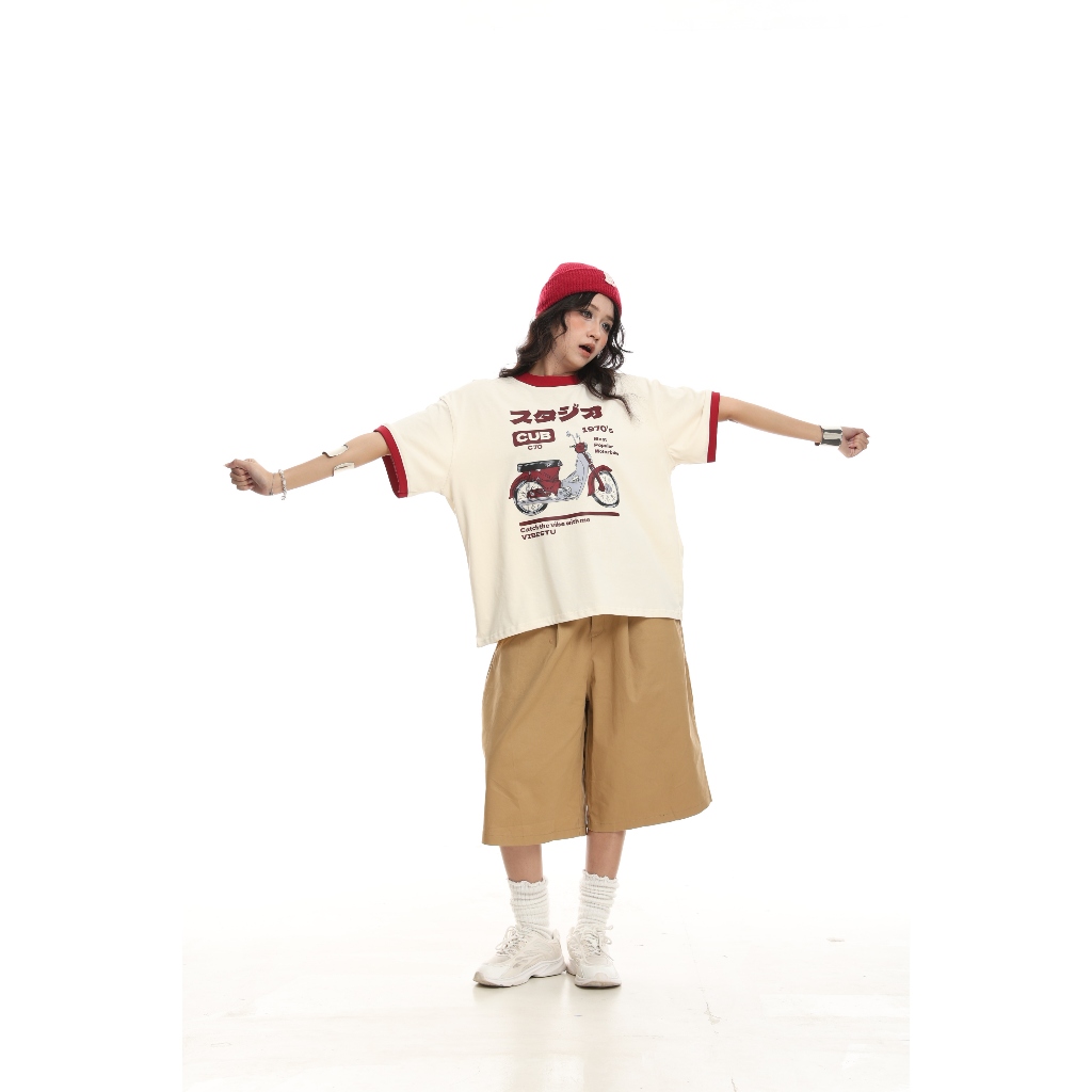 Áo Thun Phối Tay Local Brand VIBESTU " Motobike ", Áo Thun Boxy Form Rộng Unisex 250Gsm 100% Cotton