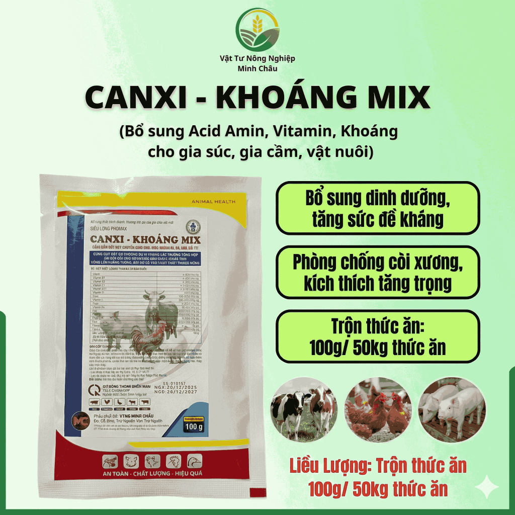 CANXI KHOÁNG MIX 100 Gram Giải pháp bổ sung khoáng – vitamin toàn diện cho gia súc, gia cầm