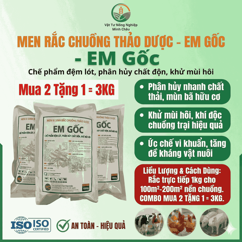(Mua 2 Tặng 1) Men Vi Sinh Rắc Chuồng Thảo Dược EM Gốc-Chế phẩm đệm lót, phân hủy chất độn, khử mùi hôi trong chăn nuô