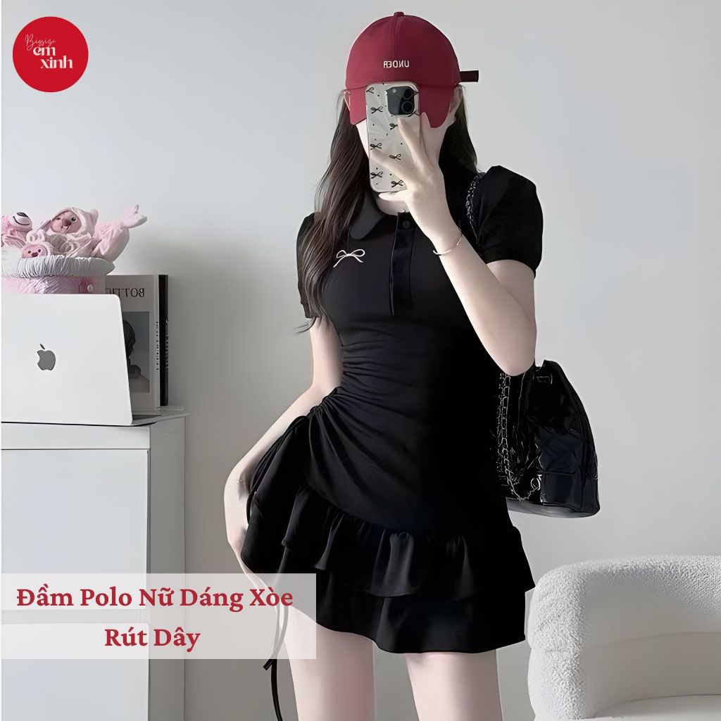 Đầm Polo Nữ Dáng Xòe Rút Dây In Nơ Bigsize Chất Mềm Co Giãn Che Dáng 45–85kg BS055 | EmxinhBigsize