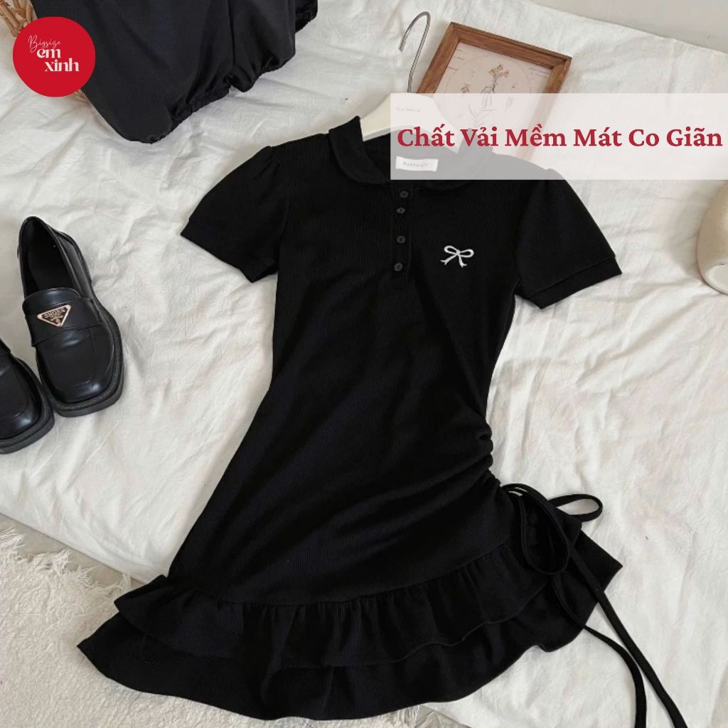 Đầm Polo Nữ Dáng Xòe Rút Dây In Nơ Bigsize Chất Mềm Co Giãn Che Dáng 45–85kg BS055 | EmxinhBigsize