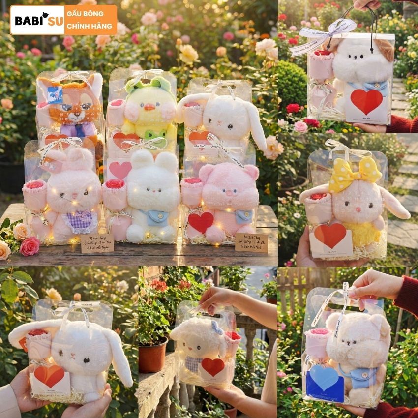 Túi Set Quà Tặng Gấu Bông Động Vật Kèm Bó Hoa,Đèn Led,Thiệp,Giấy Vụn Làm Quà Tặng Sinh Nhật,Ngày Lễ,Valentine