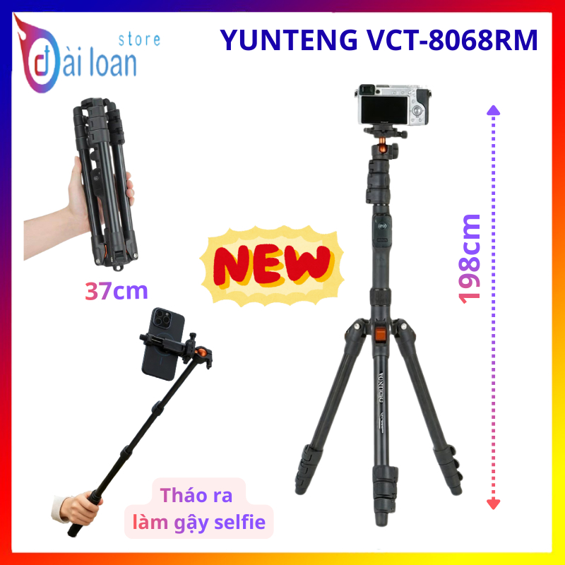 Chân đế máy ảnh và điện thoại Yunteng VCT-8068RM – Cao 198cm, gấp gọn 37cm, gậy selfie 102cm, remote Bluetooth