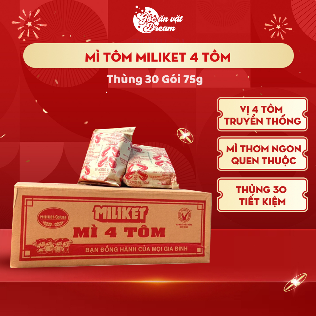 Mì Tôm Mì Ăn Liền (Miliket 4 Tôm/Hảo Hảo/Morden) | Mì Gói Truyền Thống | Thùng 30 gói/24ly