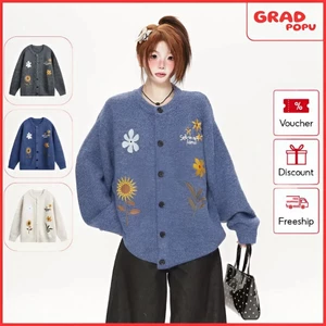 Áo khoác GRADPOPU khuy cài dệt kim cao cấp thêu hoa kiểu dáng rộng rãi thoải mái dành cho nữ AK388