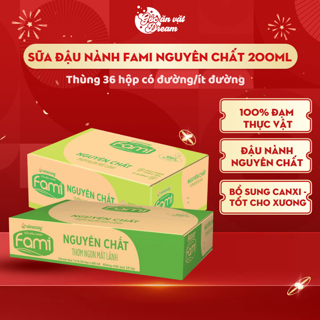 Sữa Đậu Nành Fami Nguyên chất/Can xi 200ml | Sữa Fami thùng 36 hộp | Sữa uống bổ sung canxi, thơm ngon