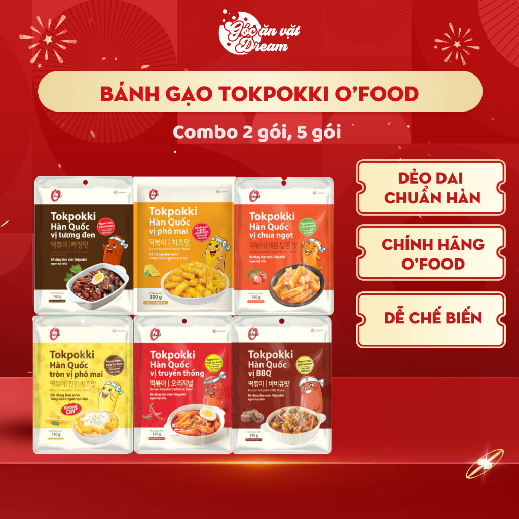 Bánh Gạo Tokbokki O’Food Ăn Liền Hàn Quốc, Combo 2 và 5 Gói, Dẻo Cay Ngon Chuẩn Vị