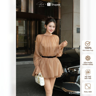 Set áo tơ nữ hoàng và quần váy Khiết Style dáng bí bồng bềnh eo phối đai nơ nhung đen phong cách nữ tính KS465