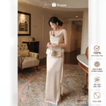 Đầm lụa kem dài Khiết Style thiết kế nhúng eo phối hoa & tà sang trọng, phong cách tiệc tùng trang nhã KD533 — ảnh 1