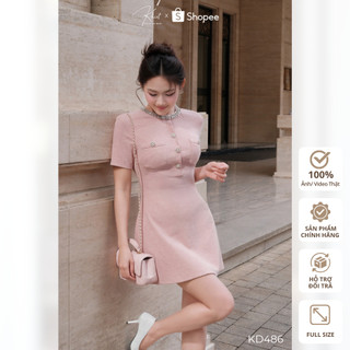 Đầm tằm nhung hàn ngắn tone hồng ngọt ngào phối kim sa hoa đá bạc sang trọng Khiết Style KD486