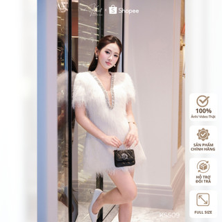 Set đầm Khiết Style lông vũ ánh kim lấp lánh cổ V phối viền đá tinh xảo phong cách sang trọng KS509