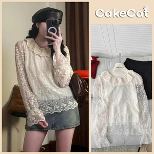 ÁO REN HOA NỔI CỔ BÈO Áo sơ mi ren hoa nàng thơ kiểu QC tay chun 2 lớp ulzzang Cakecat Stu