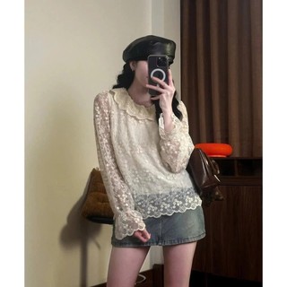 ÁO REN HOA NỔI CỔ BÈO Áo sơ mi ren hoa nàng thơ kiểu QC tay chun 2 lớp ulzzang Cakecat Stu