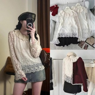 ÁO REN HOA NỔI CỔ BÈO Áo sơ mi ren hoa nàng thơ kiểu QC tay chun 2 lớp ulzzang Cakecat Stu