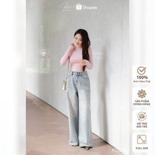 Quần jeans suông Khiết Style tone xanh nhạt trendy phối đính hoa đá lấp lánh, phong cách daily năng động KQ571