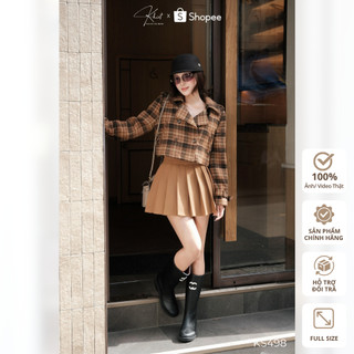 Set áo jacket croptop Khiết Style họa tiết caro vintage & chân váy xếp ly nâu trẻ trung, phong cách daily KS498