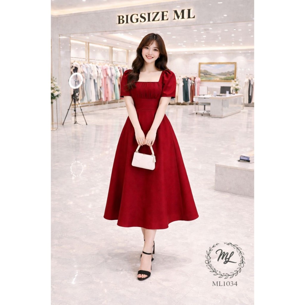 ĐẦM ML1034 – ĐẦM BIGSIZE DÁNG XÒE CỔ VUÔNG XẾP LY THANH LỊCH 55–90KG 👗
