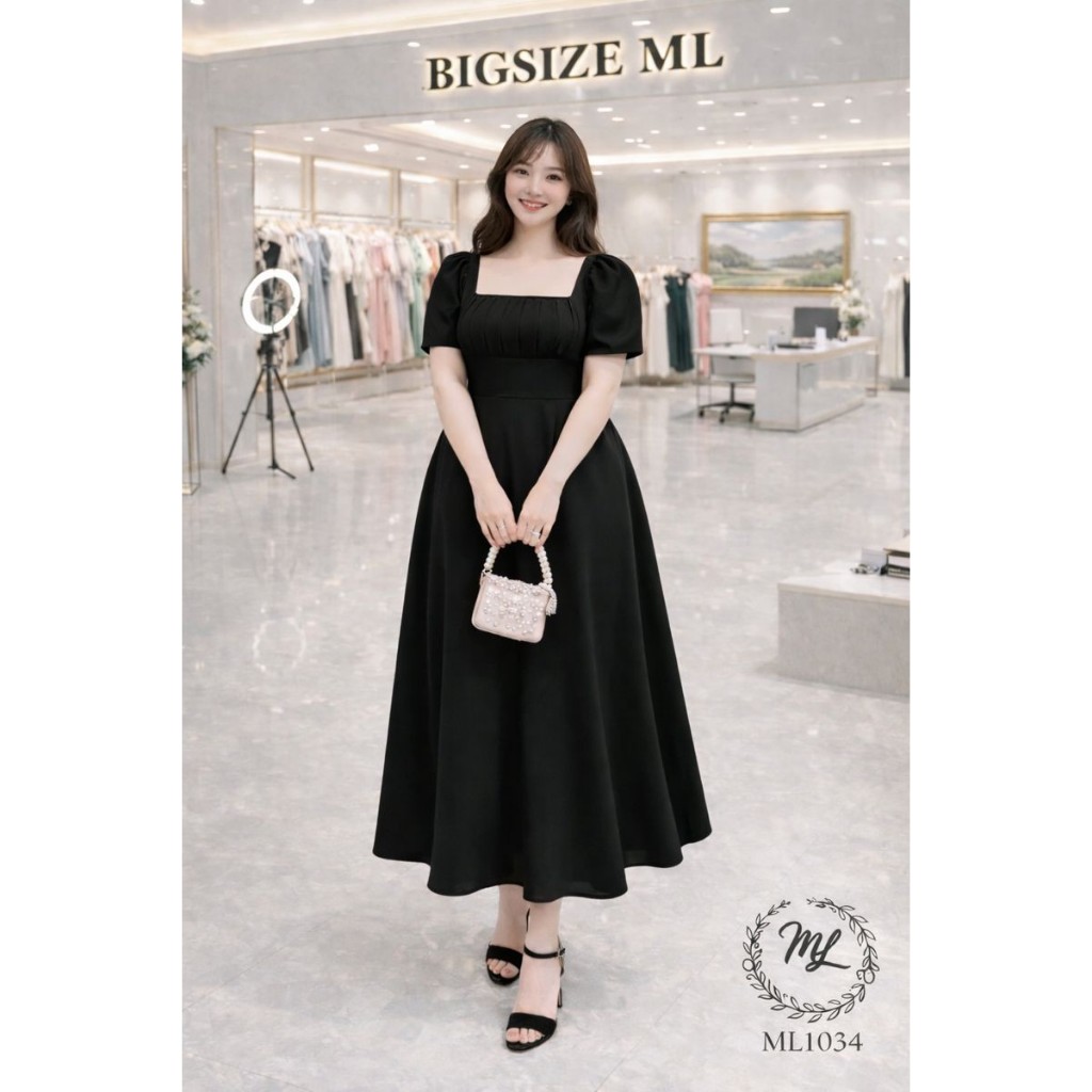 ĐẦM ML1034 – ĐẦM BIGSIZE DÁNG XÒE CỔ VUÔNG XẾP LY THANH LỊCH 55–90KG 👗