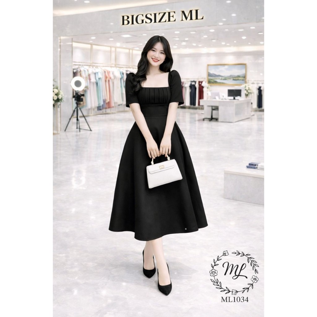 ĐẦM ML1034 – ĐẦM BIGSIZE DÁNG XÒE CỔ VUÔNG XẾP LY THANH LỊCH 55–90KG 👗