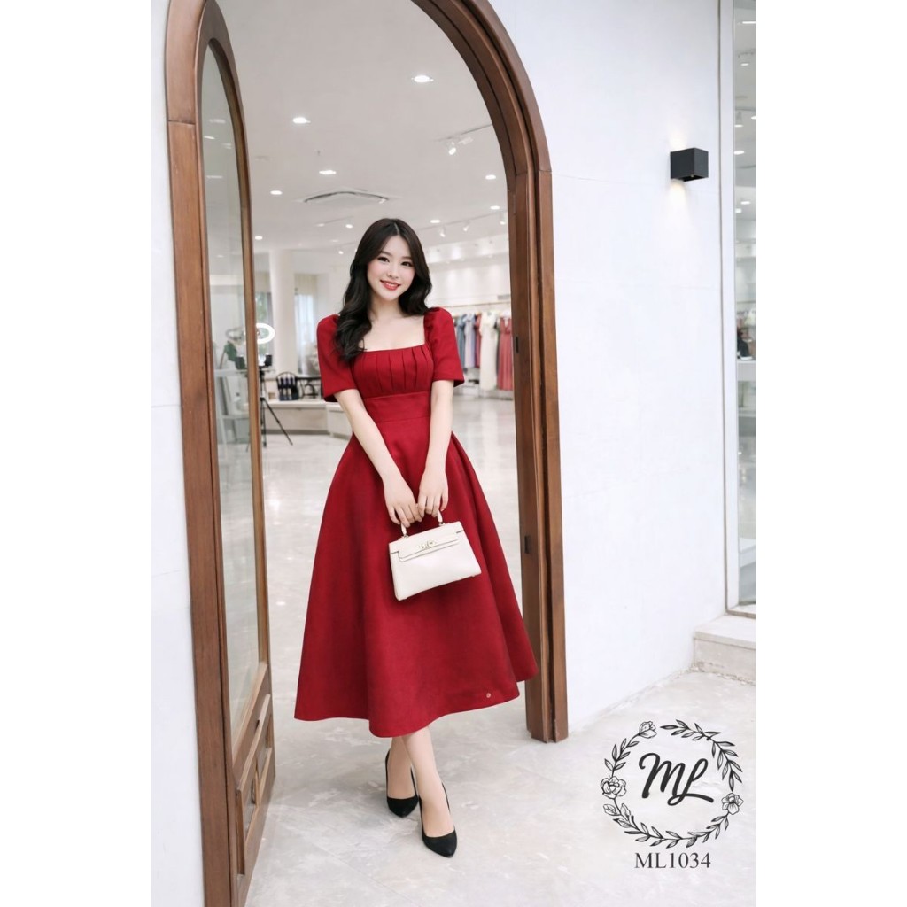 ĐẦM ML1034 – ĐẦM BIGSIZE DÁNG XÒE CỔ VUÔNG XẾP LY THANH LỊCH 55–90KG 👗