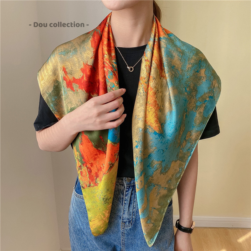 [Peinn] Khăn Quàng Cổ Lụa Nữ, Khăn Lụa Vuông Tranh Sơn Dầu Sống Động Viền Trơn  Cổ Điển - 90x90 - Mã K9111 | BigBuy360 - bigbuy360.vn