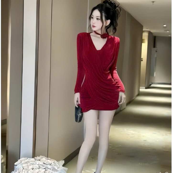 Váy Body Ôm Dáng Dạ Tiệc Tay Dài Cổ Choker Chất Liệu Cao Cấp Tôn Dáng Nữ