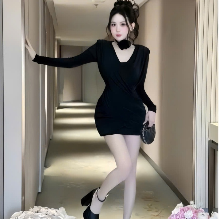 Váy Body Ôm Dáng Dạ Tiệc Tay Dài Cổ Choker Chất Liệu Cao Cấp Tôn Dáng Nữ