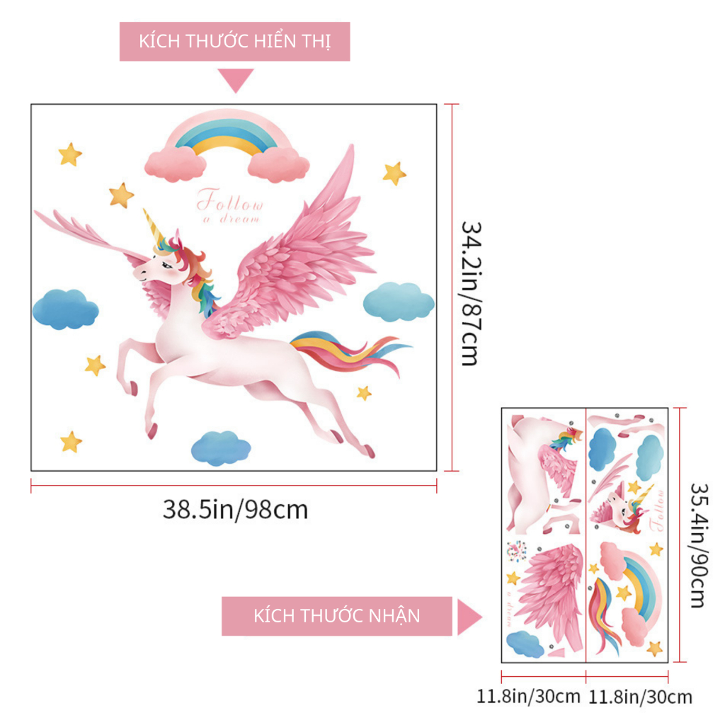Decal Dán Tường Kì Lân Unicorn Hoa Lá Nghệ Thuật Có Keo Sẵn 98x87cm - Trang Trí Phòng Ngủ Cho Bé