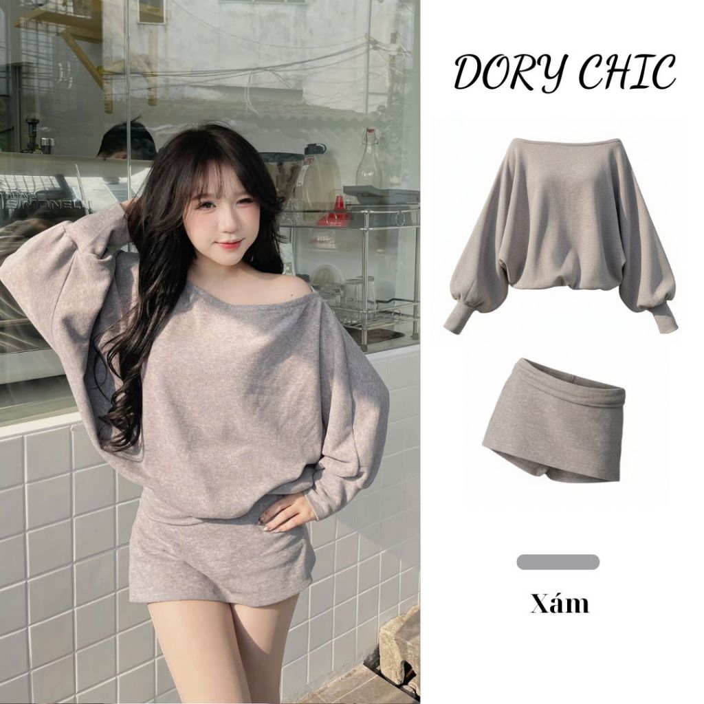 [SALE VUI 7.7]_Set áo trễ vai tay dơi bo ống mix chân váy(có quần bảo hộ) S001