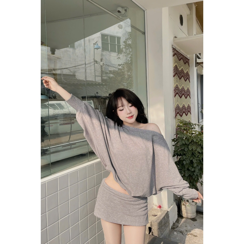 [SALE VUI 7.7]_Set áo trễ vai tay dơi bo ống mix chân váy(có quần bảo hộ) S001
