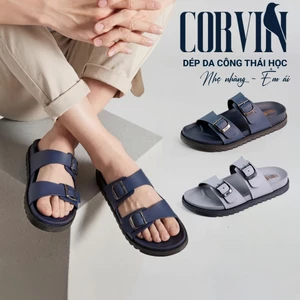 Dép da Corvin Earo quai ngang đôi 2 khóa da Microfiber đế đệm cao su form công thái học êm chân chống thấm thoáng mùi